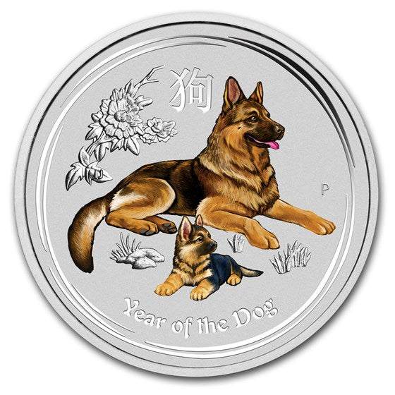 1 Oz Silbermünze "Lunar Serie II" Hund 2018 coloriert