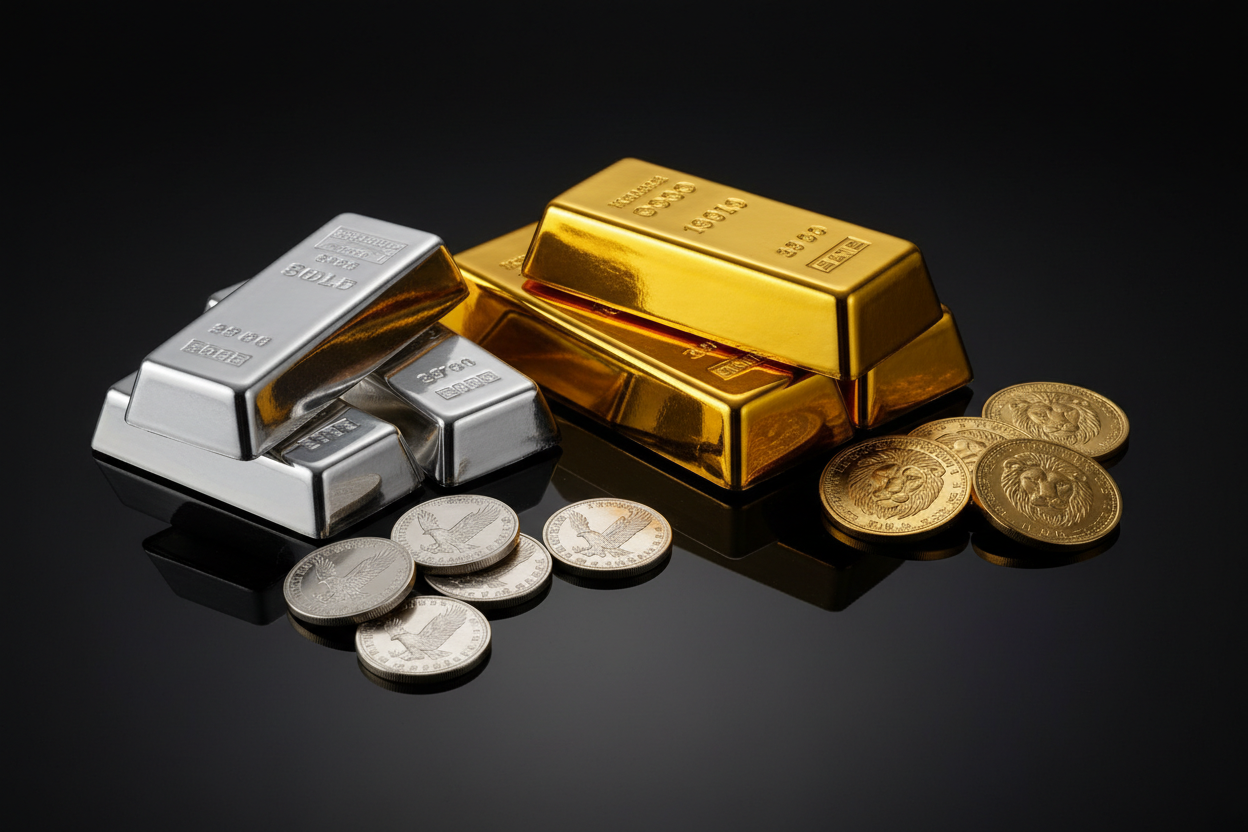 Goldbarren und Goldmünzen, Silberbarren und Silbermünzen